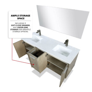 Fairbanks 60W x 20D Rustic Acacia Double Bath Vanity, Cultured Marble Top and Gun Metal Faucet Set