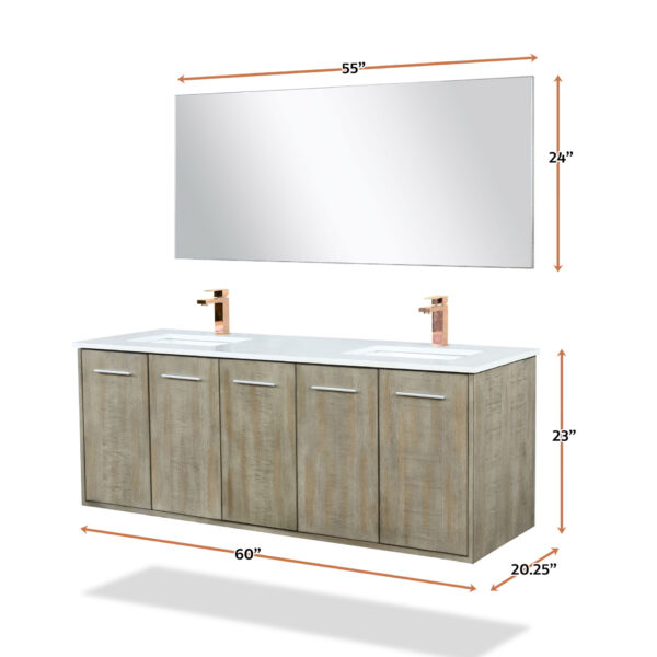 Fairbanks 60W x 20D Rustic Acacia Double Bath Vanity, White Quartz Top, Rose Gold Faucet Set and 55Mirror