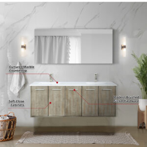 Fairbanks 60W x 20D Rustic Acacia Double Bath Vanity, Cultured Marble Top and Brushed Nickel Faucet Set