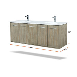 Fairbanks 60W x 20D Rustic Acacia Double Bath Vanity, Cultured Marble Top and Chrome Faucet Set