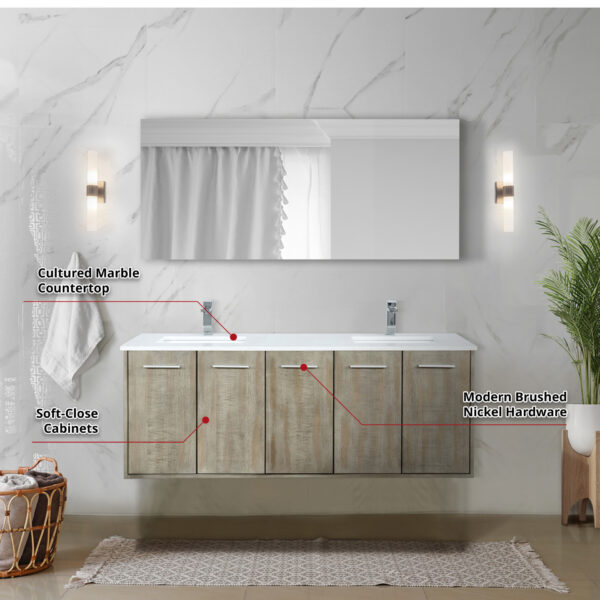 Fairbanks 60W x 20D Rustic Acacia Double Bath Vanity, Cultured Marble Top and Chrome Faucet Set