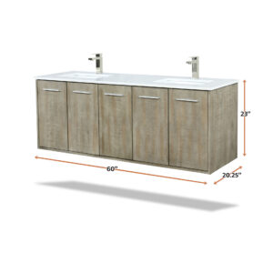 Fairbanks 60W x 20D Rustic Acacia Double Bath Vanity, Cultured Marble Top and Brushed Nickel Faucet Set