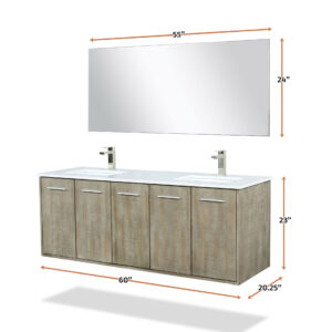 Fairbanks 60W x 20D Rustic Acacia Double Bath Vanity, Cultured Marble Top, Brushed Nickel Faucet Set and 55Mirror