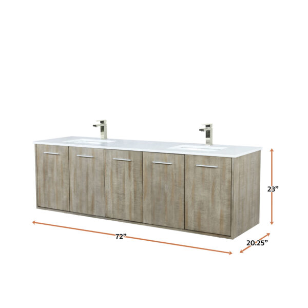 Fairbanks 72W x 20D Rustic Acacia Double Bath Vanity, White Quartz Top and Brushed Nickel Faucet Set