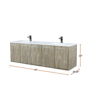 Fairbanks 72W x 20D Rustic Acacia Double Bath Vanity, White Quartz Top and Gun Metal Faucet Set