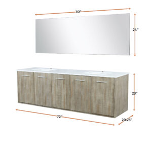 Fairbanks 72W x 20D Rustic Acacia Double Bath Vanity, White Quartz Top and 70Mirror