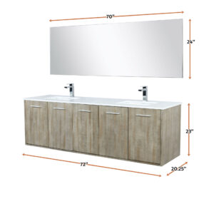 Fairbanks 72W x 20D Rustic Acacia Double Bath Vanity, White Quartz Top, Chrome Faucet Set and 70Mirror