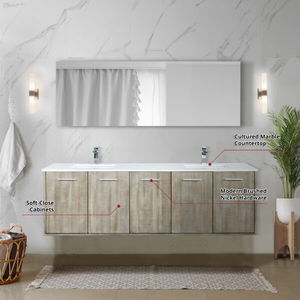 Fairbanks 72W x 20D Rustic Acacia Double Bath Vanity, Cultured Marble Top and Chrome Faucet Set