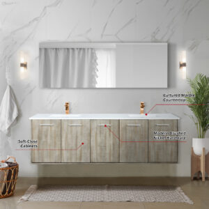 Fairbanks 72W x 20D Rustic Acacia Double Bath Vanity, Cultured Marble Top and Rose Gold Faucet Set