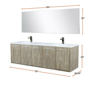 Fairbanks 72W x 20D Rustic Acacia Double Bath Vanity, Cultured Marble Top, Gun Metal Faucet Set and 70Mirror