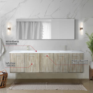 Fairbanks 80W x 20D Rustic Acacia Double Bath Vanity, White Quartz Top and Brushed Nickel Faucet Set