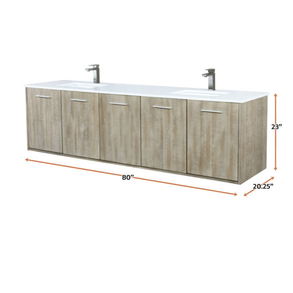 Fairbanks 80W x 20D Rustic Acacia Double Bath Vanity, White Quartz Top and Gun Metal Faucet Set