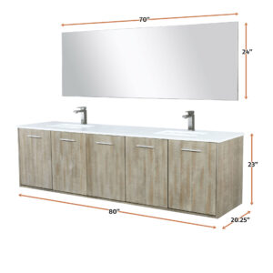 Fairbanks 80W x 20D Rustic Acacia Double Bath Vanity, White Quartz Top, Gun Metal Faucet Set and 70Mirror