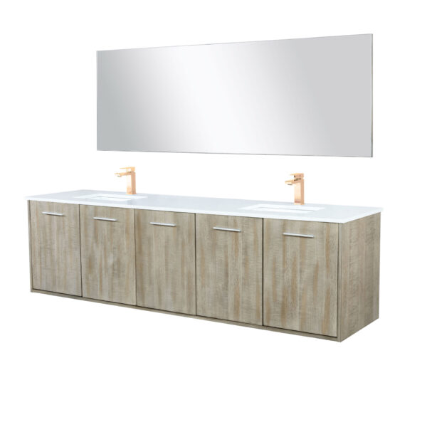 Fairbanks 80W x 20D Rustic Acacia Double Bath Vanity, Cultured Marble Top, Rose Gold Faucet Set and 70Mirror