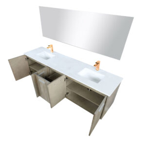 Fairbanks 80W x 20D Rustic Acacia Double Bath Vanity, Cultured Marble Top, Rose Gold Faucet Set and 70Mirror