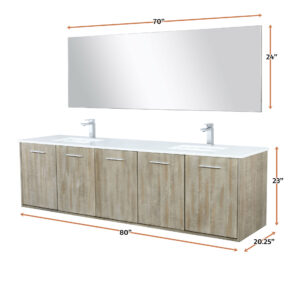 Fairbanks 80W x 20D Rustic Acacia Double Bath Vanity, Cultured Marble Top, Chrome Faucet Set and 70Mirror