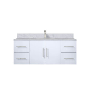 Geneva 48 in. W x 22 in. D Glossy White Bath Vanity, Carrara Marble Top, and Faucet Set