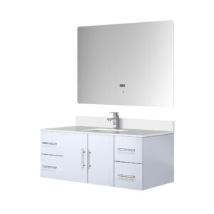 Geneva 48 in. W x 22 in. D Glossy White Bath Vanity, White Quartz Top, Faucet Set, and 48 in. LED Mirror