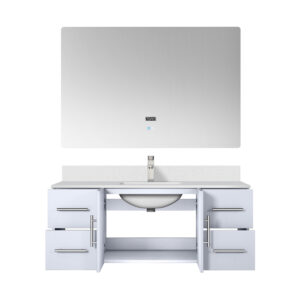 Geneva 48 in. W x 22 in. D Glossy White Bath Vanity, Cultured Marble Top, Faucet Set, and 48 in. LED Mirror