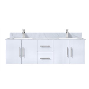 Geneva 60 in. W x 22 in. D Glossy White Double Bath Vanity, Carrara Marble Top, and Faucet Set