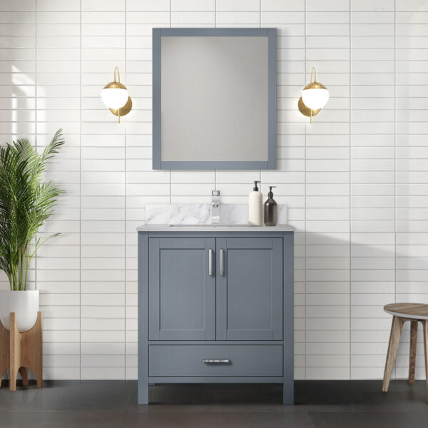 Jacques 30 in. W x 22 in. D Dark Grey Bath Vanity, Carrara Marble Top, and Faucet Set