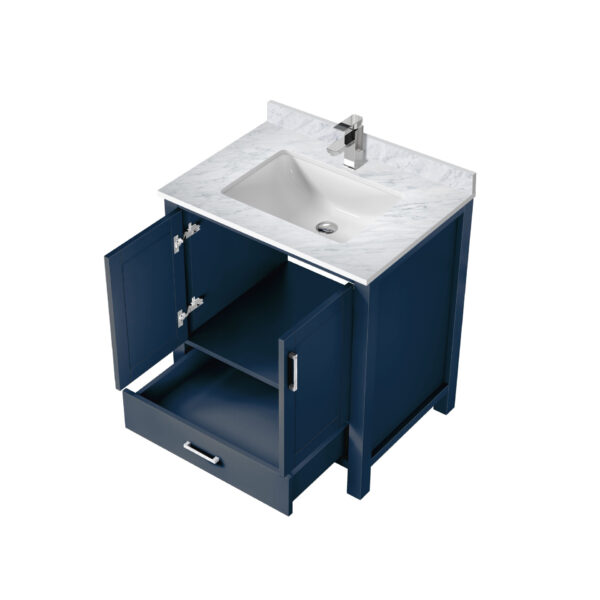 Jacques 30 in. W x 22 in. D Navy Blue Bath Vanity, Carrara Marble Top, and Faucet Set