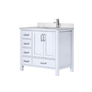 Jacques 36 in. W x 22 in. D Right Offset White Bath Vanity, Carrara Marble Top, and Faucet Set