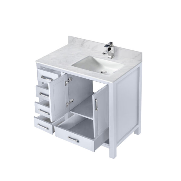 Jacques 36 in. W x 22 in. D Right Offset White Bath Vanity, Carrara Marble Top, and Faucet Set