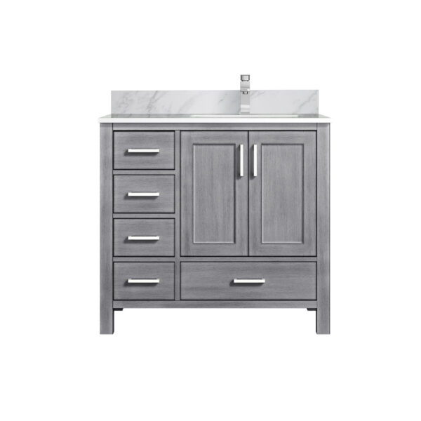 Jacques 36 in. W x 22 in. D Right Offset Distressed Grey Bath Vanity, Carrara Marble Top, and Faucet Set