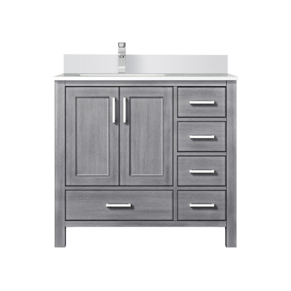 Jacques 36 in. W x 22 in. D Left Offset Distressed Grey Bath Vanity, White Quartz Top, and Faucet Set