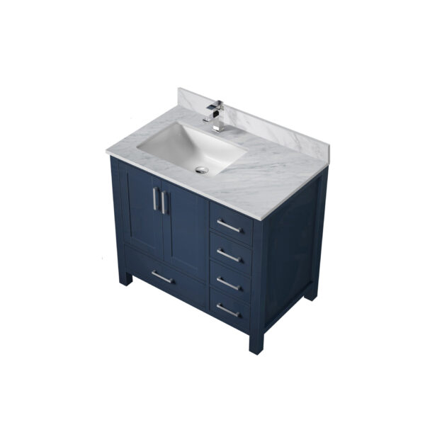 Jacques 36 in. W x 22 in. D Left Offset Navy Blue Bath Vanity, Carrara Marble Top, and Faucet Set