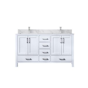 Jacques 60 in. W x 22 in. D White Double Bath Vanity, Carrara Marble Top, and Faucet Set