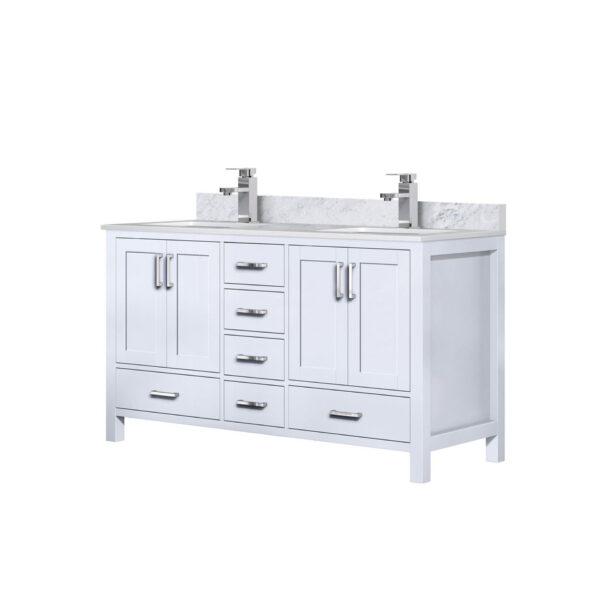 Jacques 60 in. W x 22 in. D White Double Bath Vanity, Carrara Marble Top, and Faucet Set