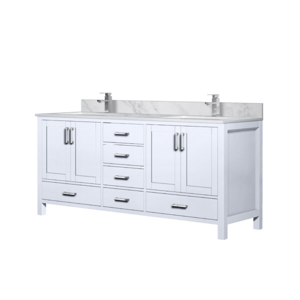 Jacques 72 in. W x 22 in. D White Double Bath Vanity, Carrara Marble Top, and Faucet Set