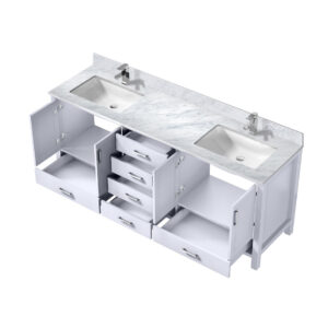 Jacques 80 in. W x 22 in. D White Double Bath Vanity, Carrara Marble Top, and Faucet Set