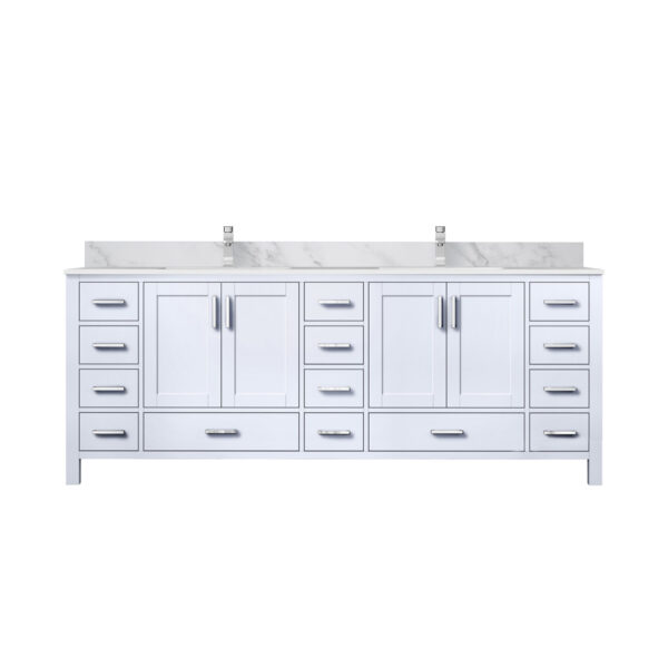 Jacques 84 in. W x 22 in. D White Double Bath Vanity, Carrara Marble Top, and Faucet Set