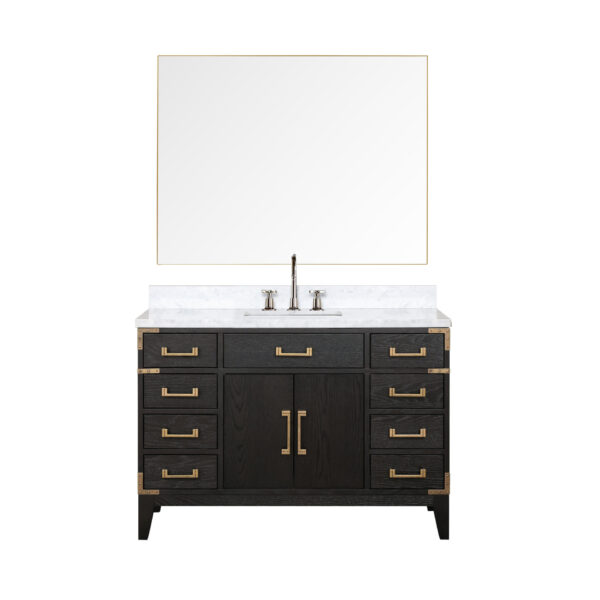 Laurel 48W x 22D Black Oak Single Bath Vanity, Carrara Marble Top, Faucet Set, and 46Mirror