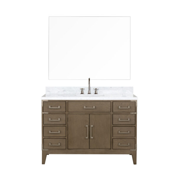 Laurel 48W x 22D Grey Oak Single Bath Vanity, Carrara Marble Top, Faucet Set, and 46Mirror