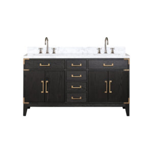 Laurel 60W x 22D Black Oak Double Bath Vanity, Carrara Marble Top, and Faucet Set