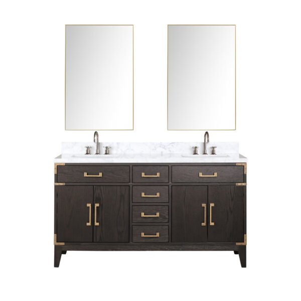 Laurel 60W x 22D Brown Oak Double Bath Vanity, Carrara Marble Top, Faucet Set, and 28Mirrors