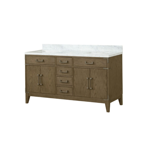 Laurel 60W x 22D Grey Oak Double Bath Vanity and Carrara Marble Top