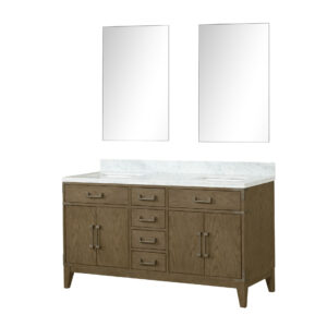 Laurel 60W x 22D Grey Oak Double Bath Vanity, Carrara Marble Top, and 28Mirrors