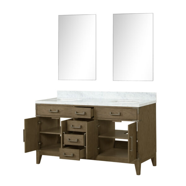 Laurel 60W x 22D Grey Oak Double Bath Vanity, Carrara Marble Top, and 28Mirrors