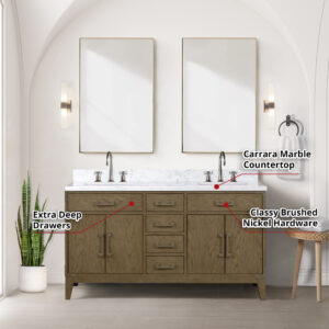 Laurel 60W x 22D Grey Oak Double Bath Vanity and Carrara Marble Top