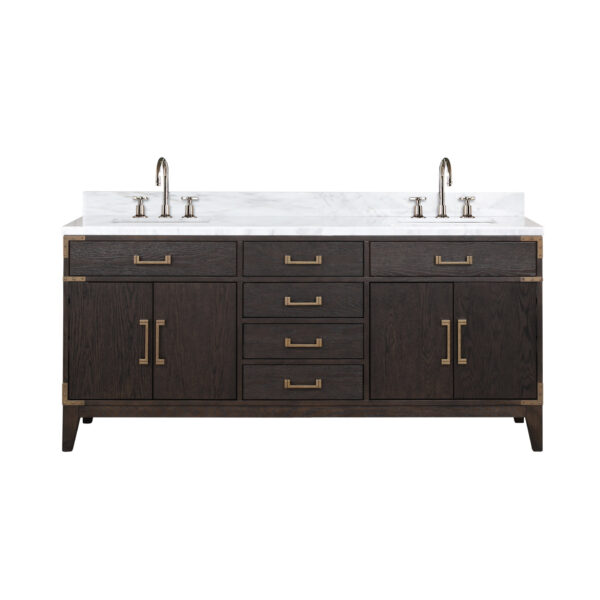 Laurel 72W x 22D Brown Oak Double Bath Vanity, Carrara Marble Top, and Faucet Set