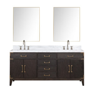 Laurel 72W x 22D Brown Oak Double Bath Vanity, Carrara Marble Top, Faucet Set, and 34Mirrors