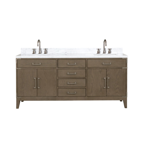 Laurel 72W x 22D Grey Oak Double Bath Vanity, Carrara Marble Top, and Faucet Set