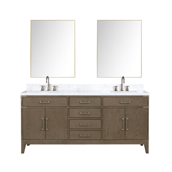 Laurel 72W x 22D Grey Oak Double Bath Vanity, Carrara Marble Top, Faucet Set, and 34Mirrors