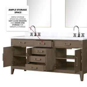 Laurel 72W x 22D Grey Oak Double Bath Vanity and Carrara Marble Top