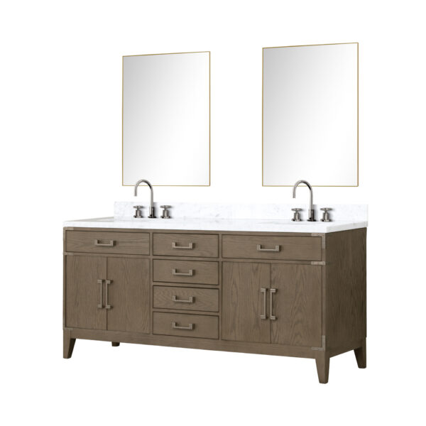 Laurel 72W x 22D Grey Oak Double Bath Vanity, Carrara Marble Top, Faucet Set, and 34Mirrors